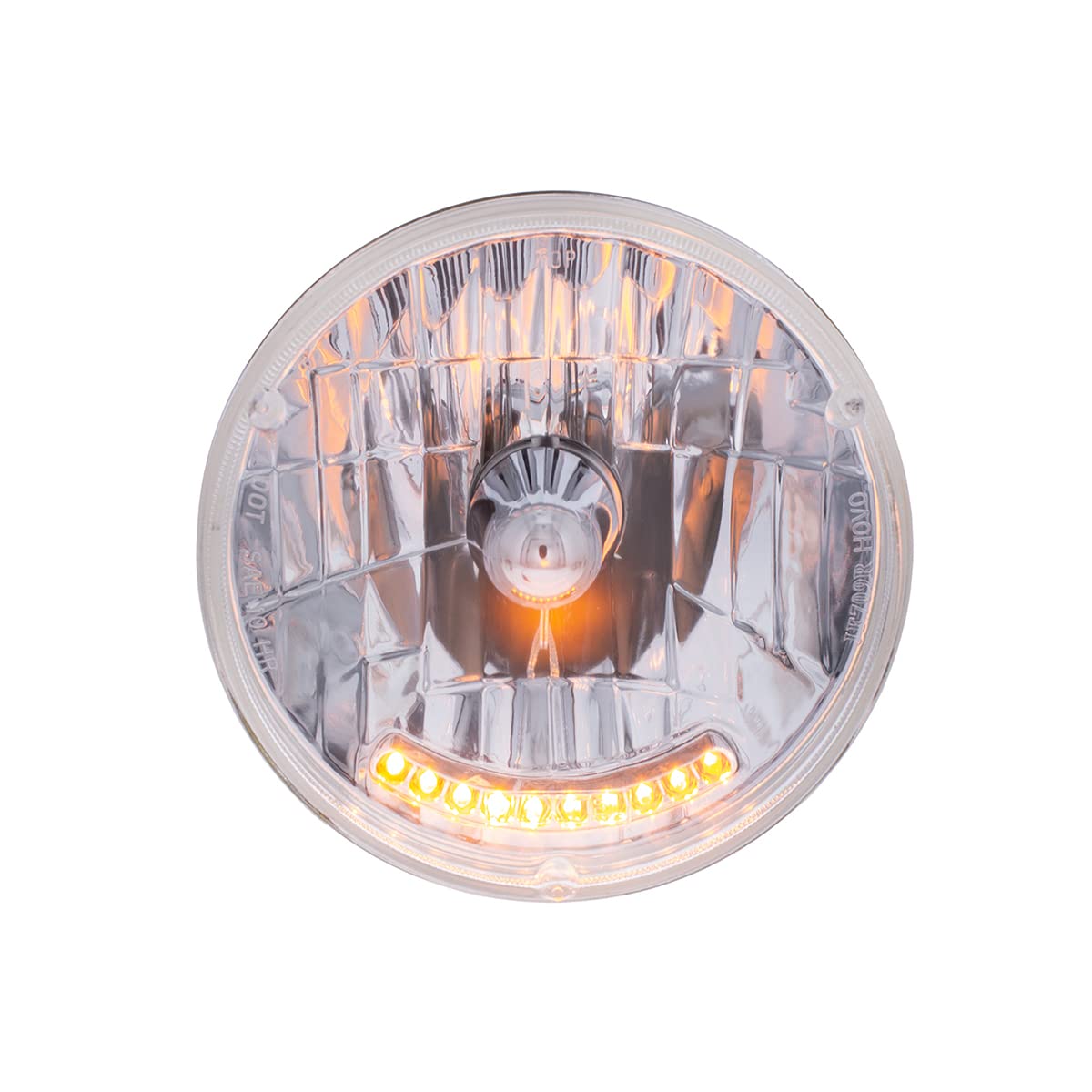 United Pacific 7-inch Halogen Crystal Headlight w/10 Amber LED Position Lights, Multi-Faceted, Anti-Vibration, Aluminum Reflector - One Headlight Unit