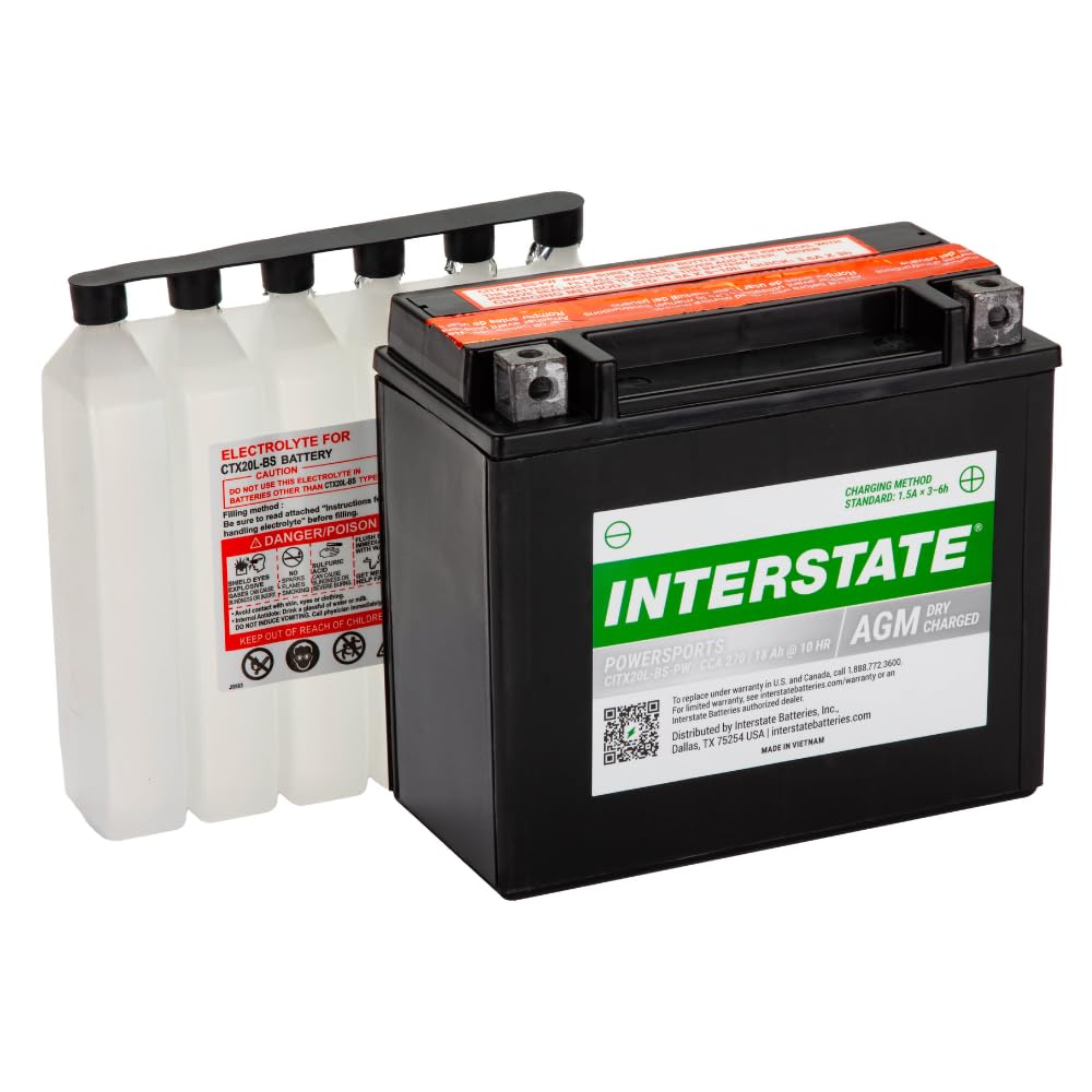 Interstate Batteries Ytx20Hl-Bs 12V 18Ah Powersports Battery 270Cca High-Performance Agm Rechargeable Replacement For Motorcycle