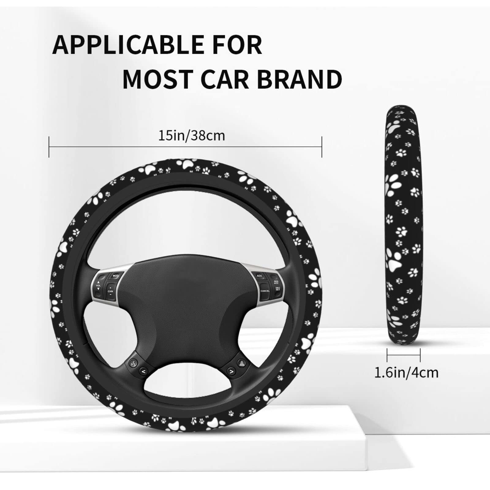 Cute Animal Paw Print Steering Wheel Cover Universal Seamless Pattern Animal Pet Foot Prints White Wheel Protector For Women Lad