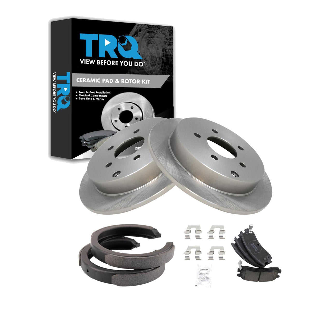 Trq Rear Brake Pad & Rotor Kit Brake Pads Brake Rotor Parking Brake Shoe Set Ceramic Compatible With 2002-2004 Oldsmobile Silhou