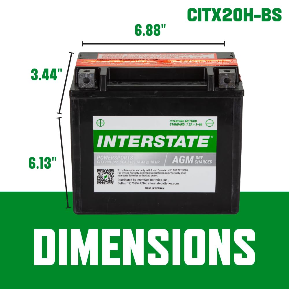 Interstate Batteries Ytx20H-Bs 12V 18Ah Powersports Battery 310Cca High-Performance Agm Rechargeable Replacement For Arctic Cat,