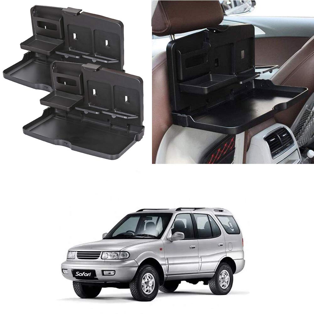 Oshotto (FT02) Car Backseat Food Travel Dining Meal & Snaks Tray & Cup Holder Compatible with Tata Safari (Black)  Set of 2