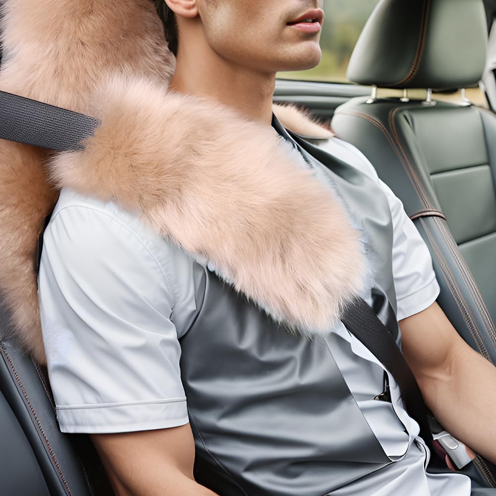 Long Wool Sheepskin Fuzzy Fluffy Seat Belt Covers, Seatbelt Pads For Adults Kids Women Universal Car 2 Pack (Light Brown)
