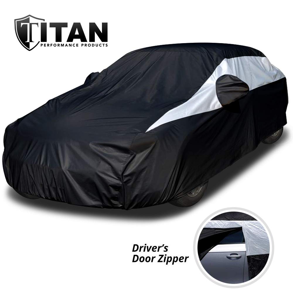 Titan Jet Black Poly 210T Car Cover For Sedans 186-202''. Waterproof, Uv Protection, Scratch Resistant, Driver-Side Zippered Ope