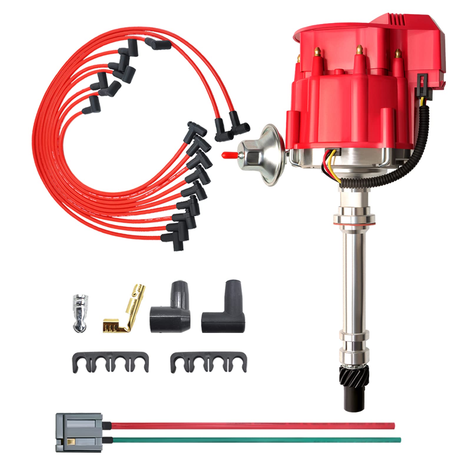 Mas Racing Hei Distributor&Spark Plug Wires & Free Pigtail Wire Harness Combo Kit Red Cap Replacement For Chevy 283 302 307 327 350 396 400 402 427 454 Gm Sbc Bbc 65K Coil 7500Rpm Chevrolet C10 Gmc V8