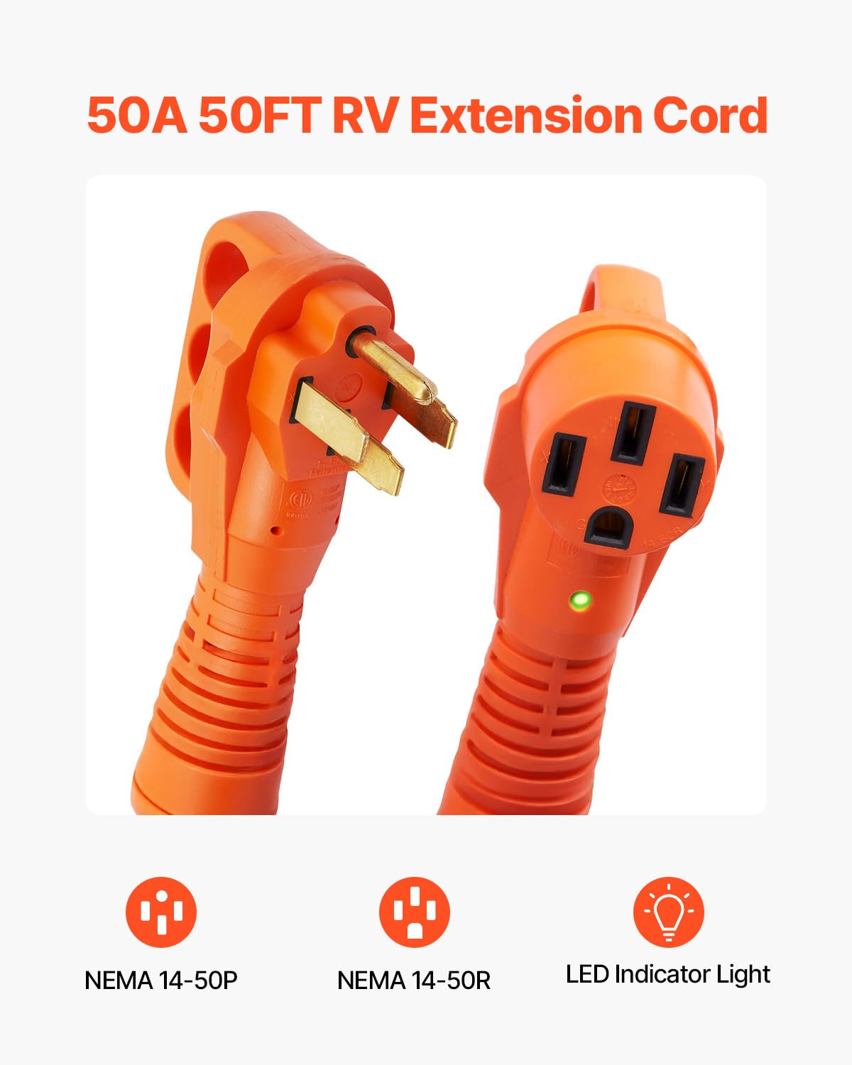Vevor 50 Amp Rv Extension Cord 50 Feet, Heavy Duty Stw 6/3+8/1 Awg Power Cord Nema 14-50P To 14-50R, With 15A Adapter, Led Power