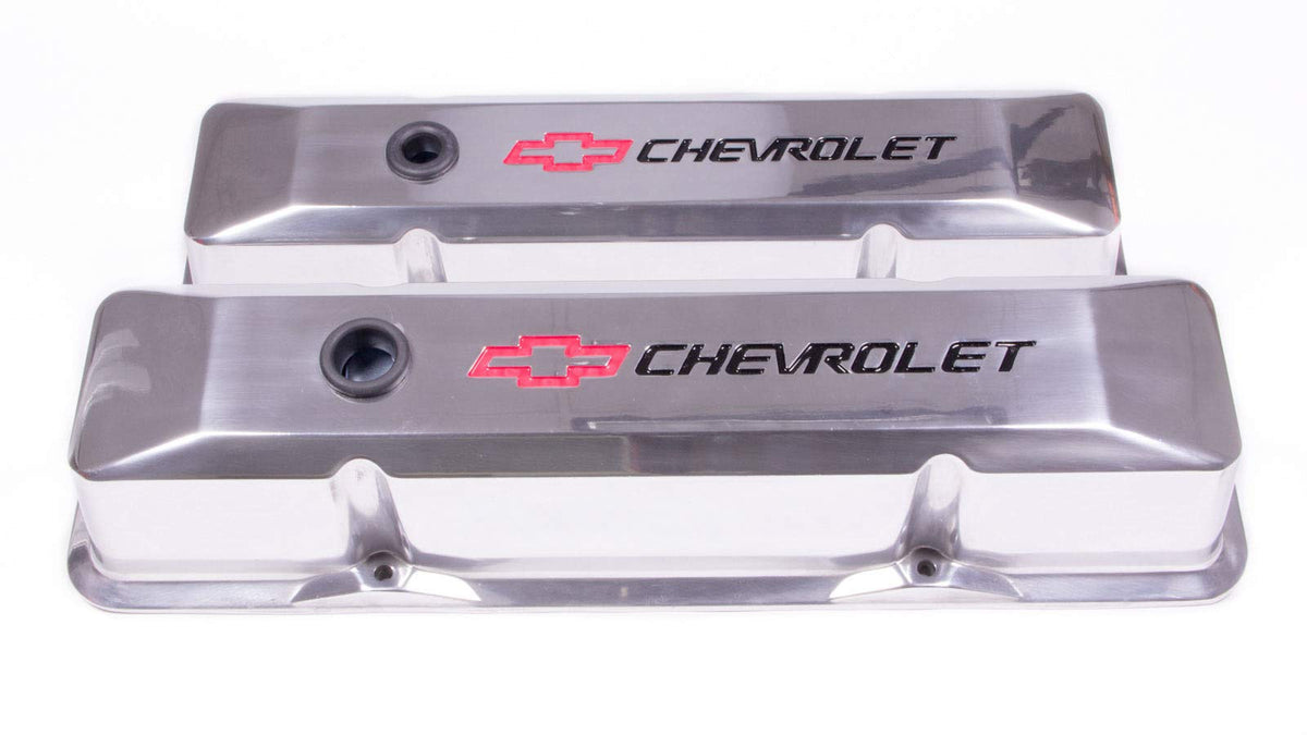 ProForm Valve Cover, Die-Cast, Tall, Baffled, Breather Hole, Recessed Chevrolet Bowtie Logo, Aluminum, Polished, Small Block Che