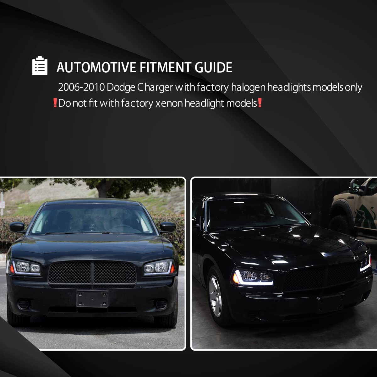 Autozensation Compatible With 2006-2010 Dodge Charger 4Dr Sedan, Left + Right Pair Headlamp Assembly, Black Headlights W/Fiber Optic Led Strip And Turn Signal Light