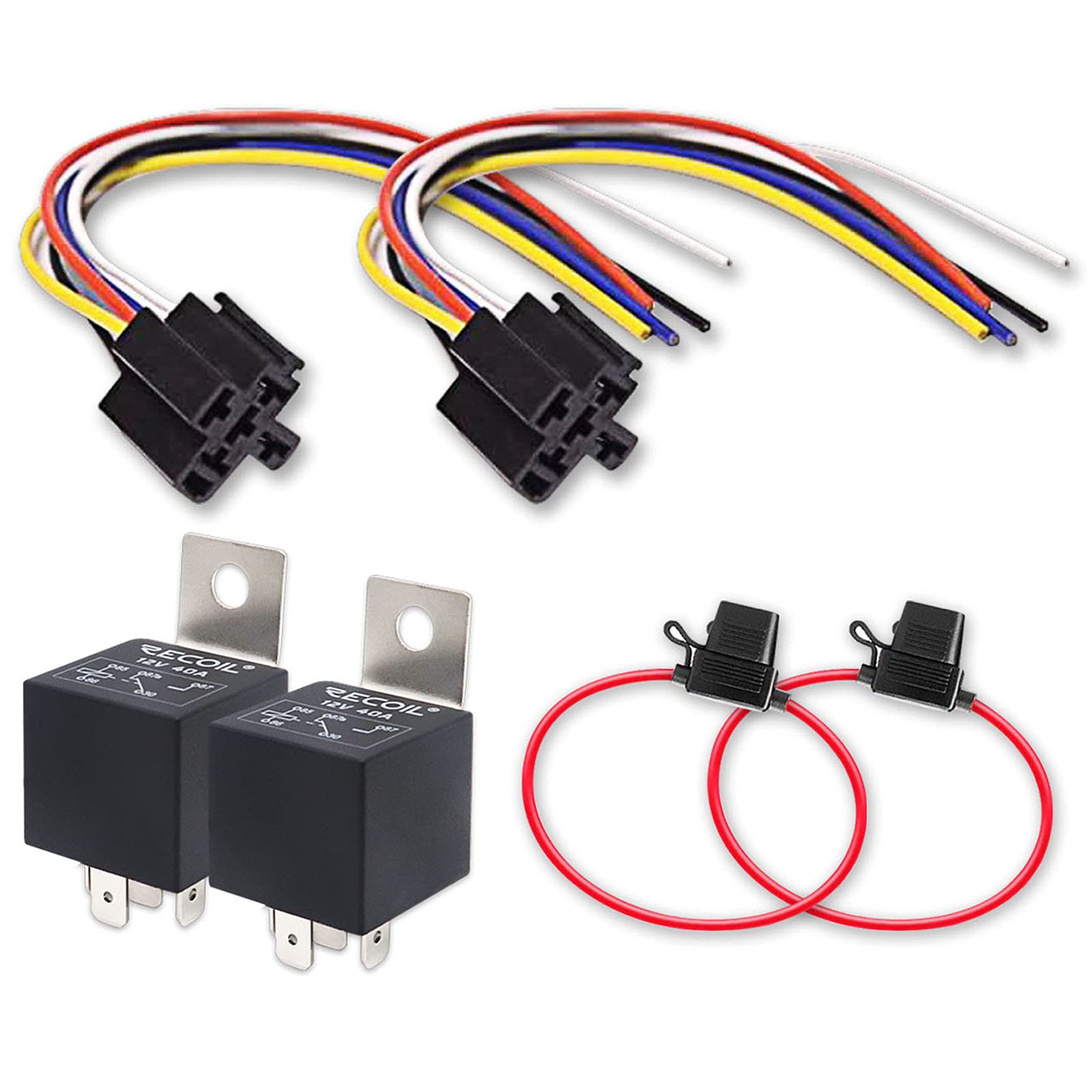 Recoil 2 Pack Automotive 5-Pin 30/40A 12V Spdt Relays With Interlocking Relay Sockets And In-Line Atc Fuse Holders (2 Pack)