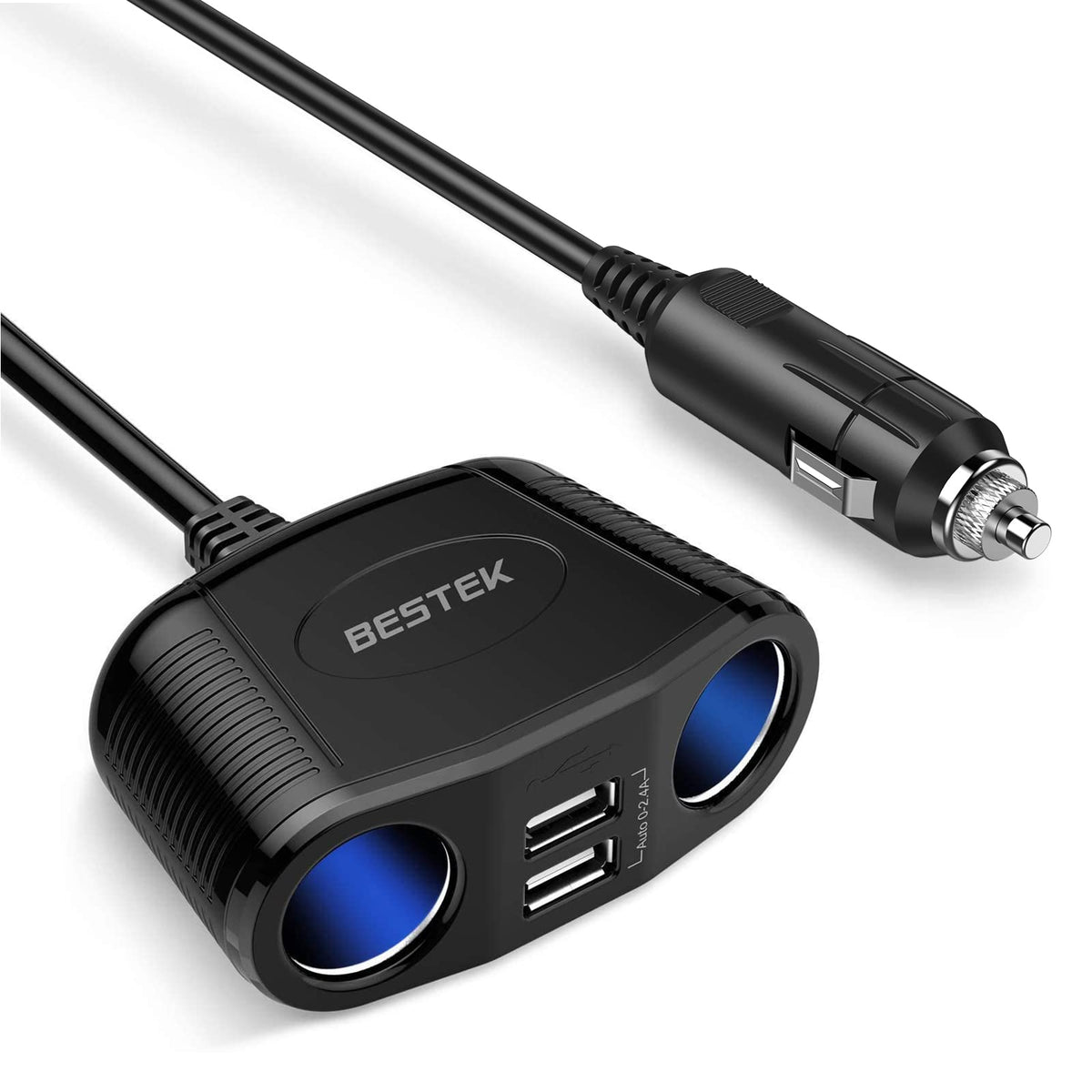BESTEK 150W 2-Socket Car Cigarette Lighter Splitter Power Adapter DC Outlet Car Charger Dual 2.4A USB with 26 Inches Cord for Ce