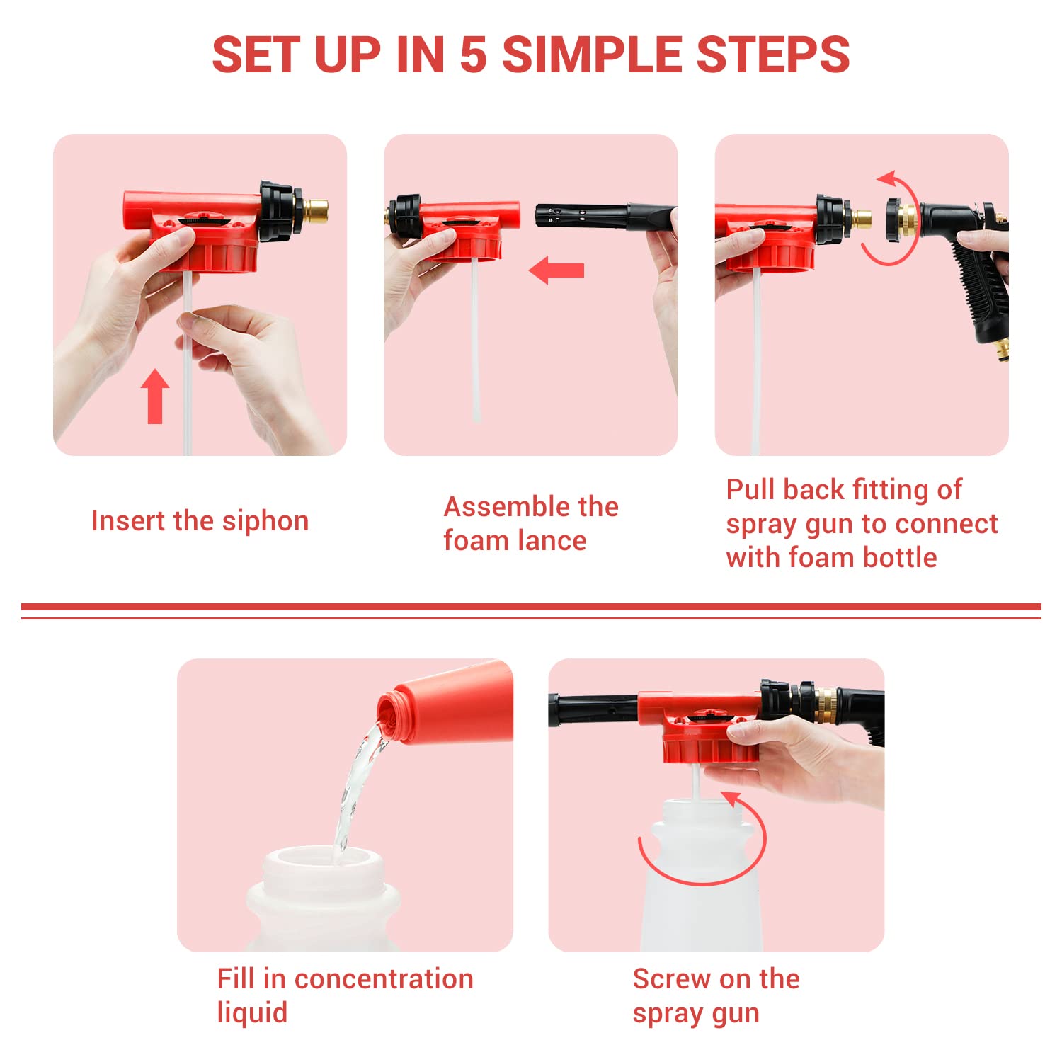 Ohuhu Car Wash Foam Gun With 3/8'' Connector & Mitts, Dual Filtration, 6 Foam Levels, Quick Connect To Garden Hose (Red)