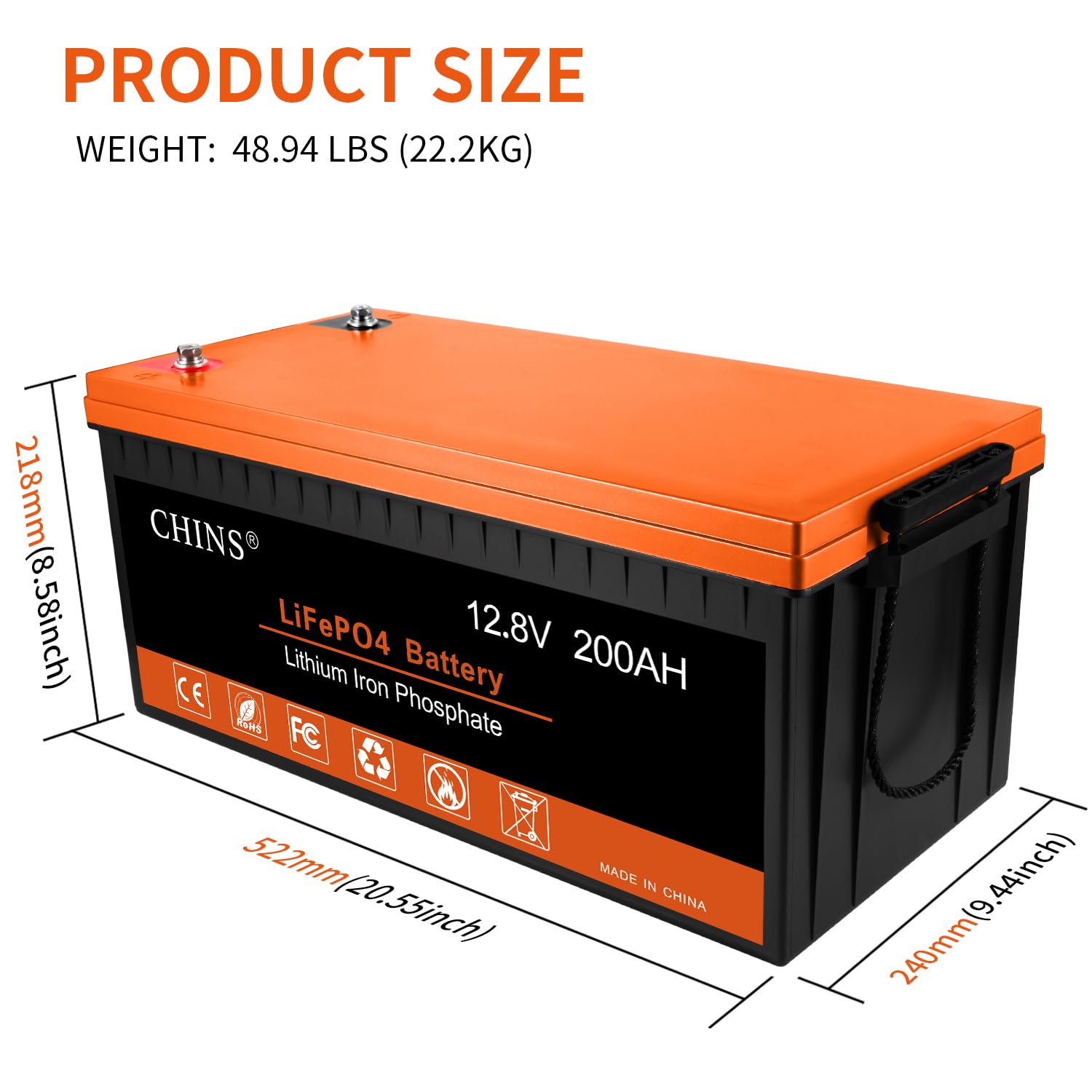 Chins Lifepo4 Battery 12V 200Ah Lithium Battery - Built-In 100A Bms With Low-Temp Protection, 2000~5000 Cycles, Perfect For Rv,