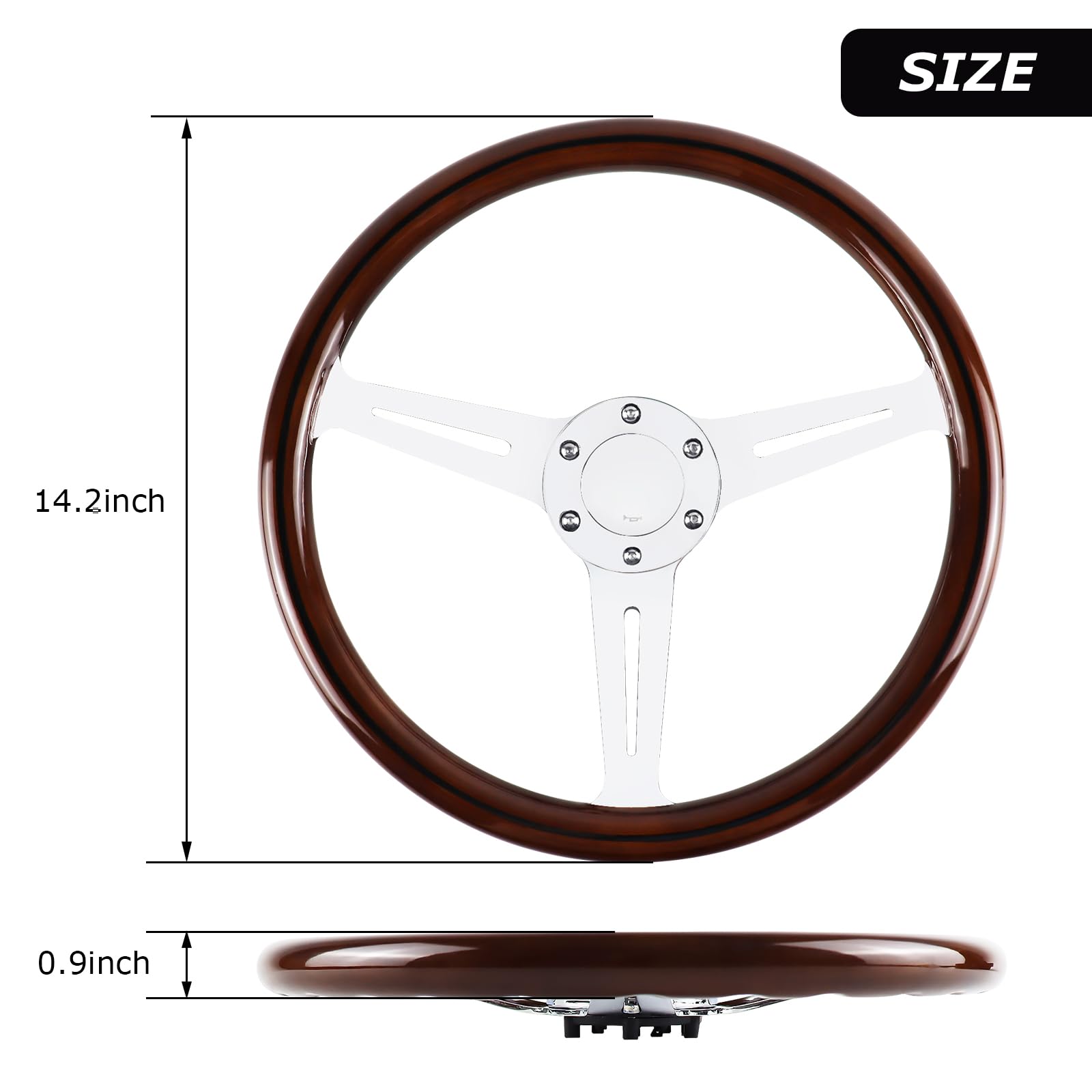 QYMOPAY 14'' Woodgrain Racing Steering Wheel Vintage Nostalgic Style 6-Bolt Steering Wheel with Horn Buttons - Plated Spokes