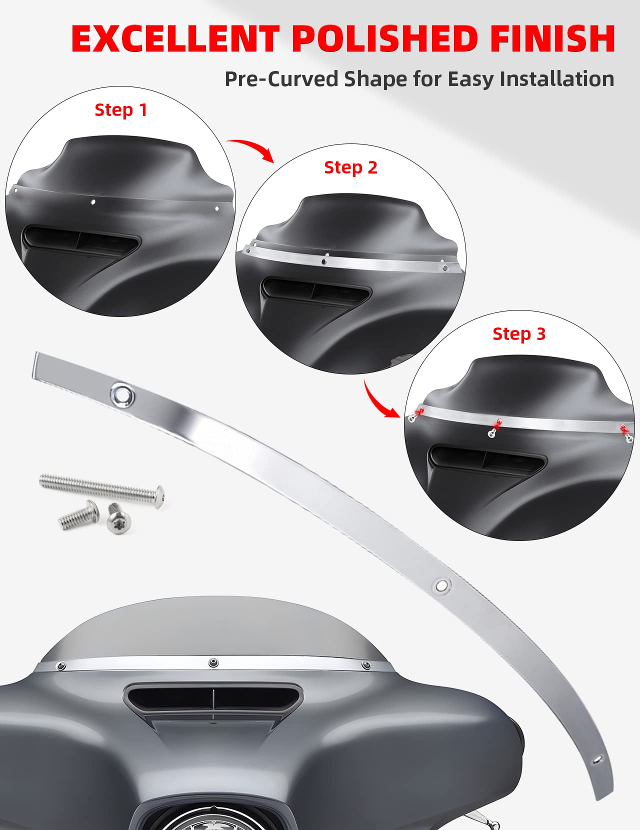 Amazicha Polished Windshield Trim Chrome Windscreen Trim Compatible For Harley Davidson Touring Street Glide Electra Glide Ultra Limited Tri Glide 2014-2024