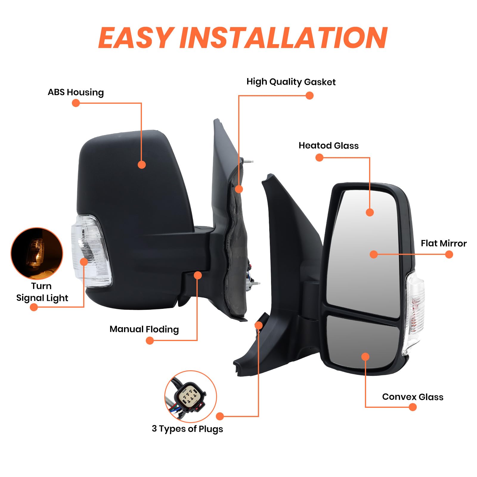 Mofoap Passenger Side View Mirror - Power Glass, Heated, Signal Light, With Indicator (Black) Short Arm 6 Pins - Compatible With