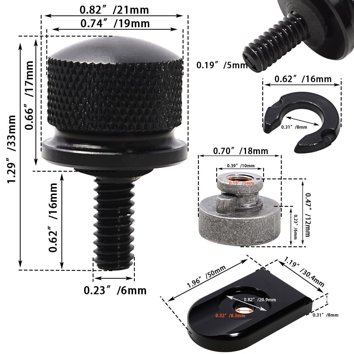 Fovplue Quick-Release Fender Seat Hardware Kit,1/4'-20 Thread Seat Bolt/Screw+Mount Cap+Nut Kit For Harley Softail Flt Touring Road Glide Road King Street Glide Electra Glide Sportster Xl Dyna