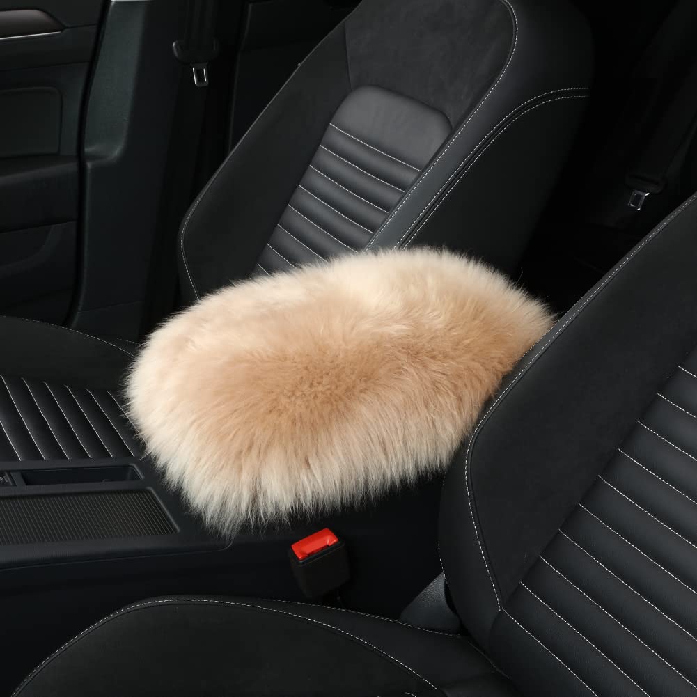 Iriwool Sheepskin Armrest Cover Auto Center Armrest Cover Car Soft Console Pad, Fluffy Wool Auto Center Console Cover For Most Car Arm Rest Decoration Protector 9 X 14 Inch (Long Wool, Khaki)