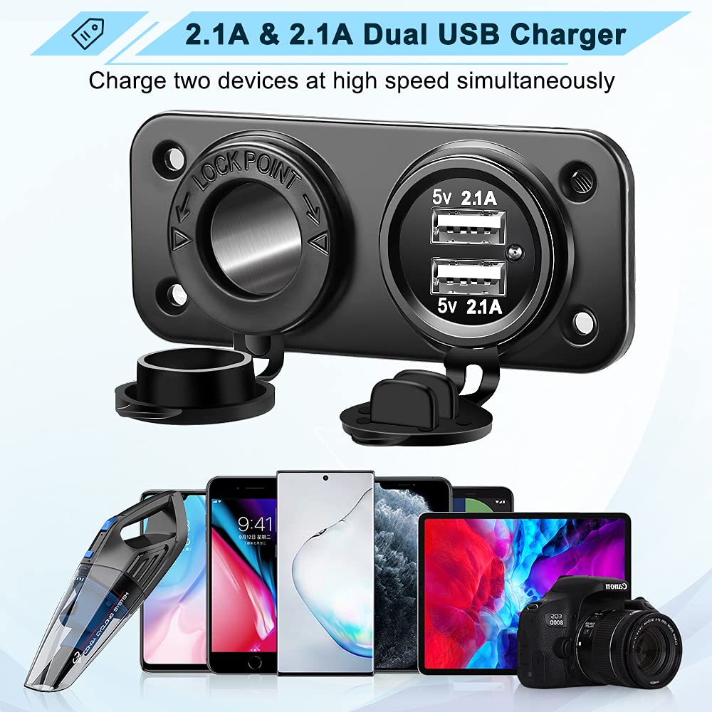 Electop Cigarette Lighter Socket Outlet Splitter, 12V Usb Outlet Usb Charger 12 Volt Socket Power Outlet With Led, Waterproof Po