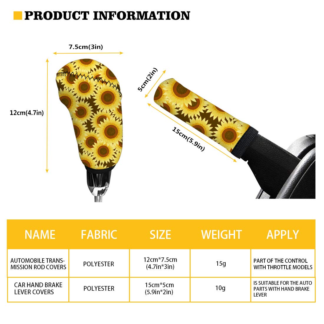 Babrukda Car Interior Accessiores For Women - Gear Shift Knob Cover/Handbrake Cover Yellow Sunflower Pattern Easy Install Anti-S