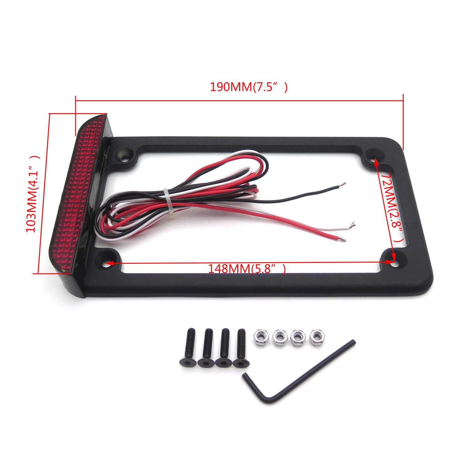 Httmt Mt294-003- Motorcycle Black 7'' X 4'' Flat License Plate Frame Bracket Tag Holder W/ 3'' Led Bar Compatible With Universal