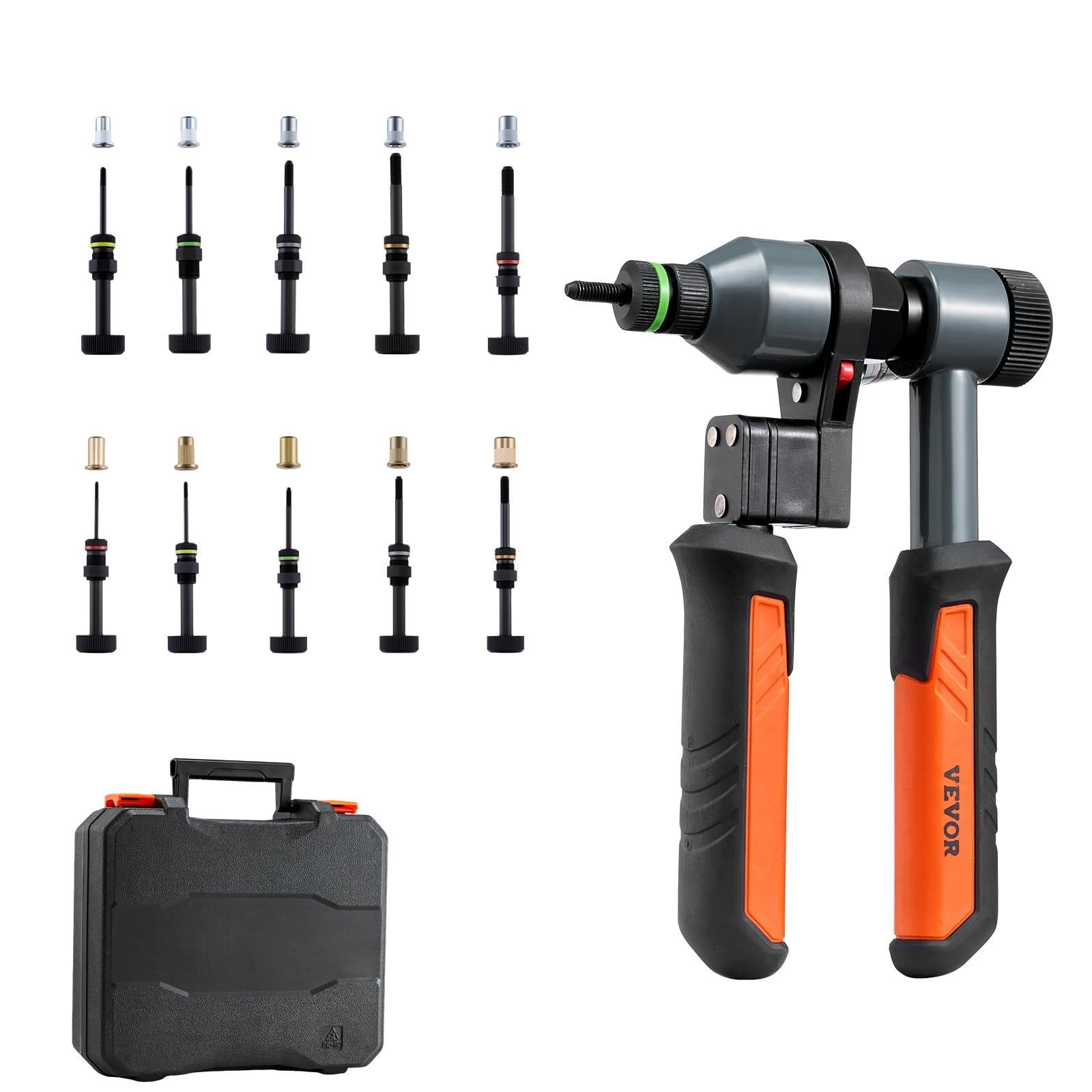 VEVOR Rivet Nut Tool Kit, 9-Inch Ratchet Rivnut Tool Kit, with 10 Mandrels and 100 Nuts, Metric and SAE Size M5, M6, M8, M10, M1
