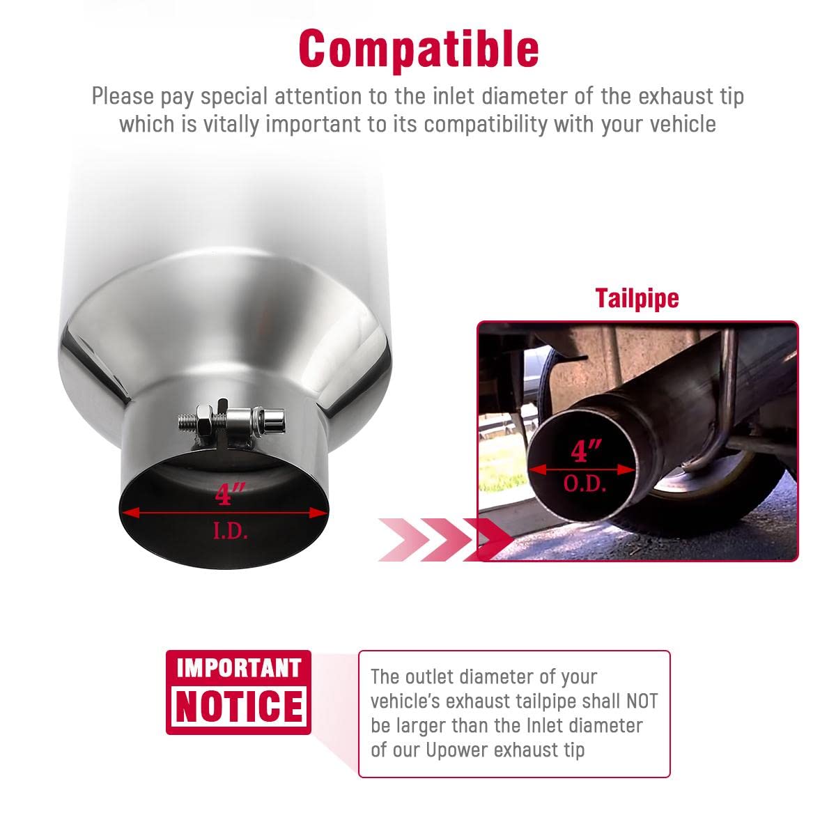 Upower 4 '' To 8 '' Exhaust Tip Mirror Polished 4 Inch Inlet 8 Inch Outlet Diesel Exhaust Tailpipe 18 '' Long 45 Degree Angle Cu