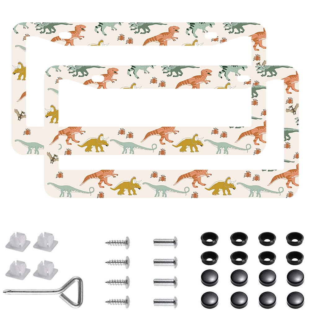 2Pcs Dinosaur License Plate Frames Cover Holders Stainless Steel Dinosaur License Plate Cover With Screw Caps Cover And Screwdri