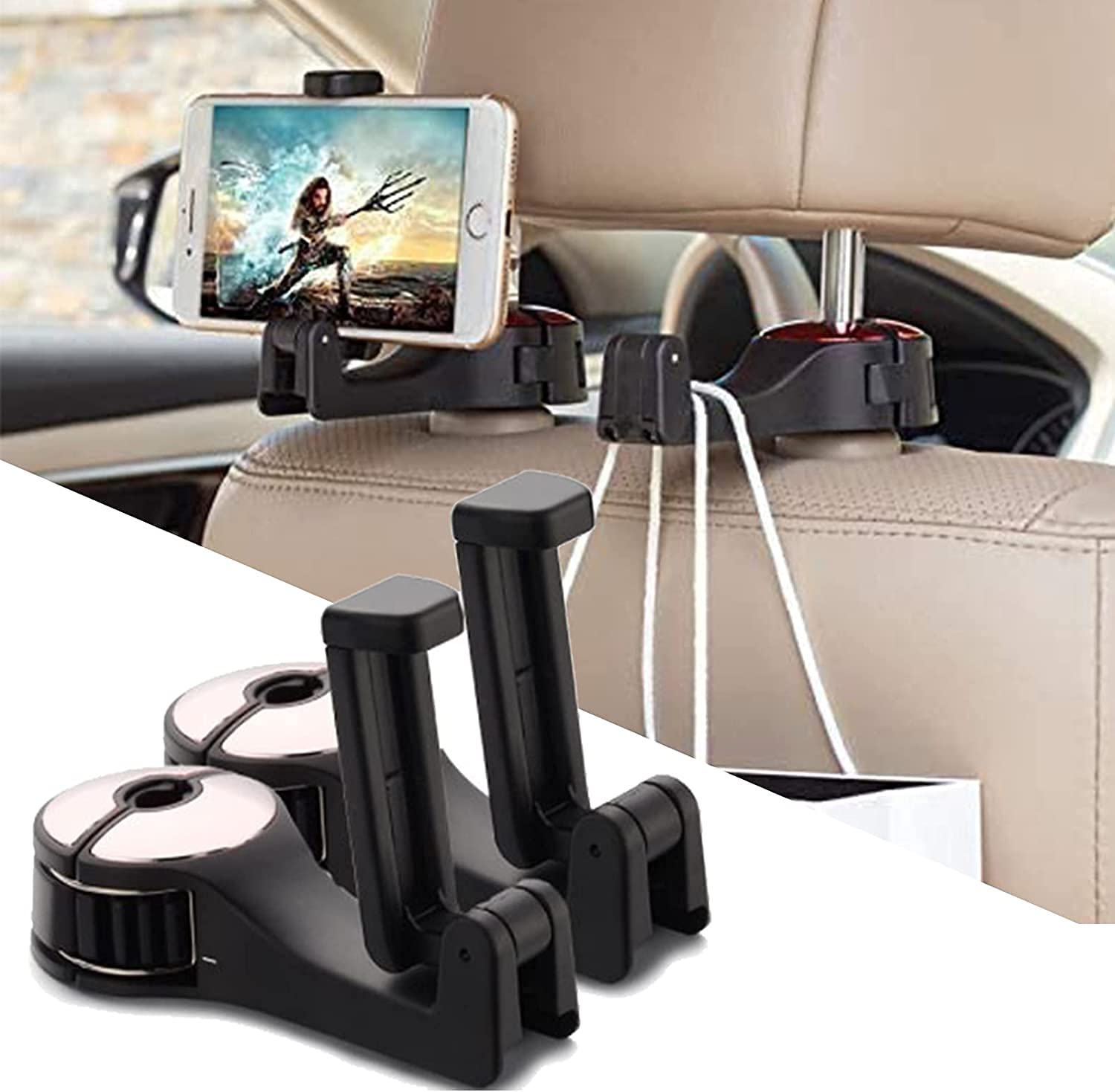 Luteti 2 Pcs Universal 360 Rotation 2 in 1 Car Seat Hooks for Purses and Bags with Phone HolderAutomative Headrest Purse Handbag