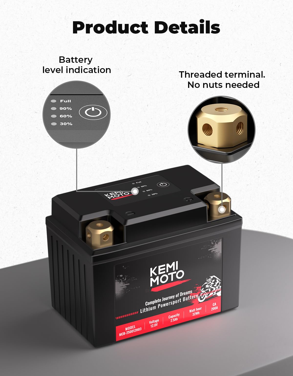 Kemimoto Lithium Motorcycle Battery Ytx5L-Bs/Ytx4L-Bs, Lifepo4 Lithium Battery 12V 2.5Ah, Pre-Charged Powersports Battery, With