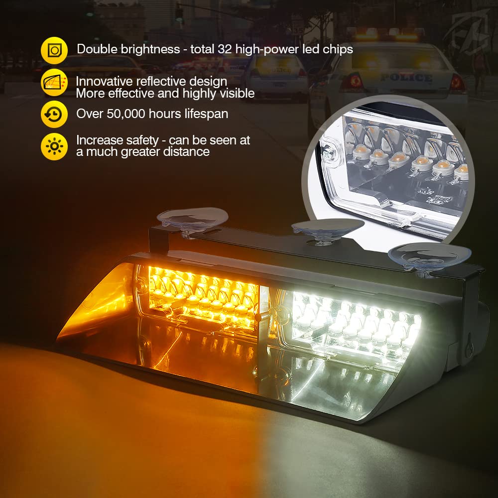 Xprite White Amber Led Dual Windshield Strobe Lights - 32 Leds, 23 Modes, W/Suction Cups | Dash Visor Safety Warning For Law Enf