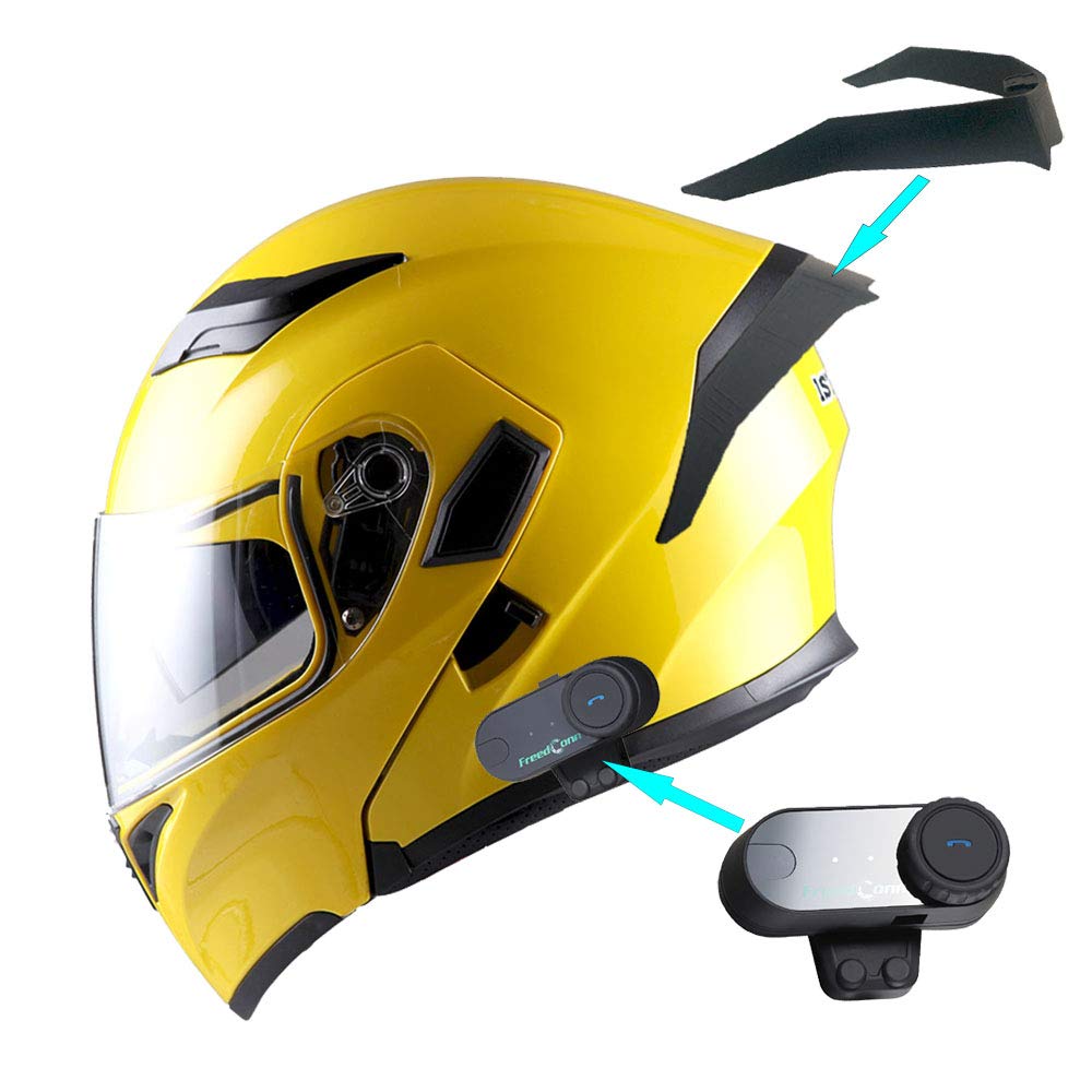 1Storm Motorcycle Modular Full Face Flip up Dual Visor Helmet + Spoiler + Motorcycle Bluetooth Headset: HB89 Glossy Yellow 1Storm Motorcycle Modular Full Face Flip up Dual Visor Helmet + Spoiler + Motorcycle Bluetooth Headset: HB89 Glossy Yellow