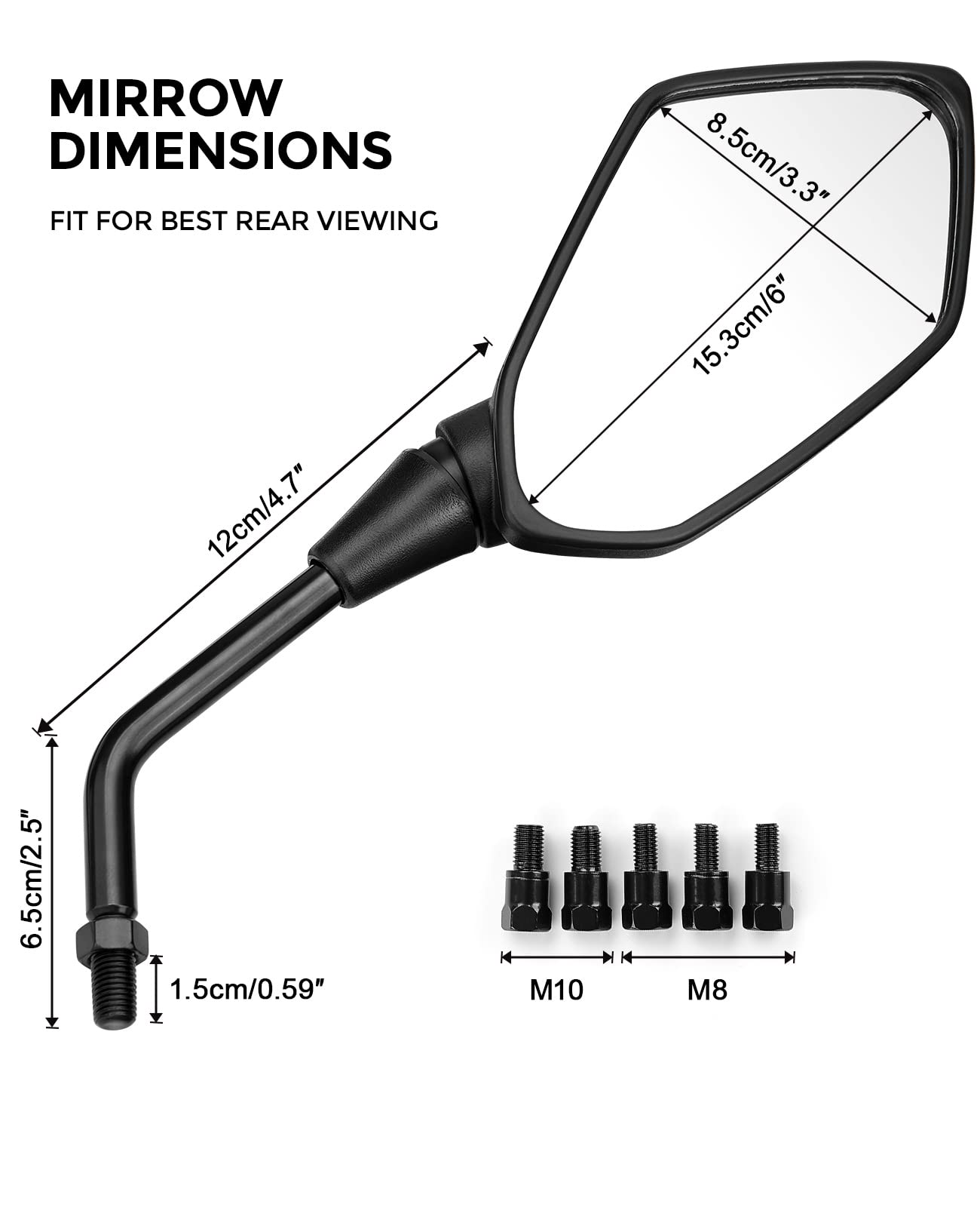 Kemimoto Universal Motorcycle Mirrors, Convex Handlebar Rear View Side Mirror With M8 M10 Bolt, Compatible With Bike, Scooter, Atv, Utv, Dirt Bike And More