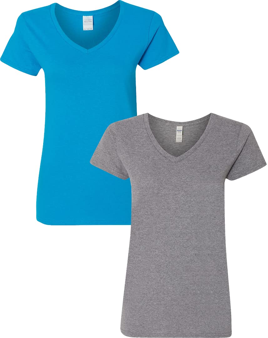 Gildan Womens Heavy Cotton V-Neck T-Shirt 2-Pack 2Xl-Sapphire-Graphite
