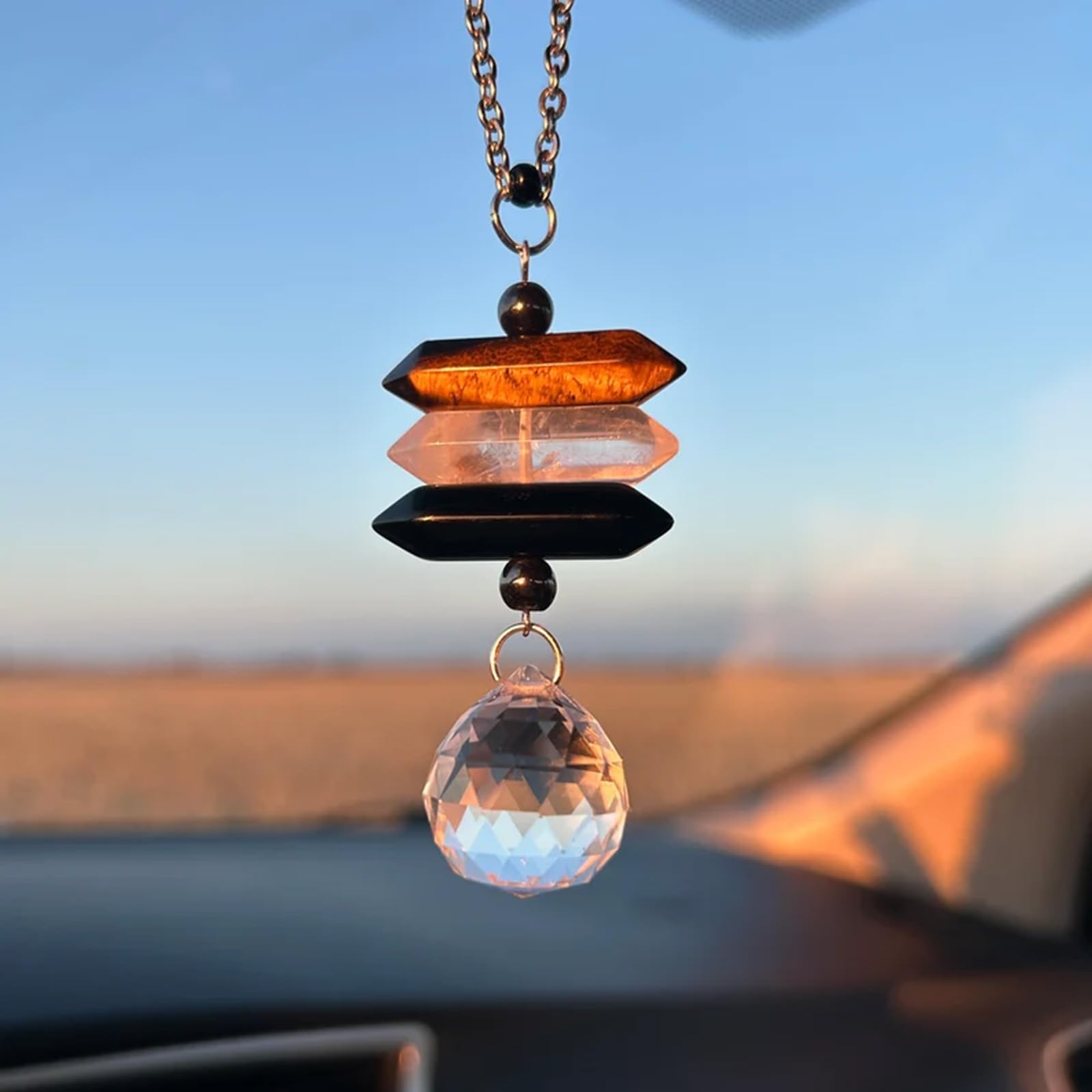 Crystal Hanging Car Charm,Cute Healing Stones Car Decor For Rear View Mirror,Boho Handmade Sun Catcher Ornament Accessories,Tige