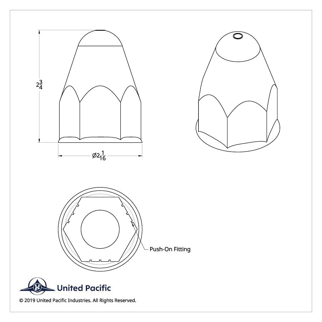 United Pacific 10045Cb - Wheel Lug Nut Cover Set - 1-1/2'' X 2-3/4'' Chrome Plastic Bullet Nut Covers - Push-On (60 Pack),