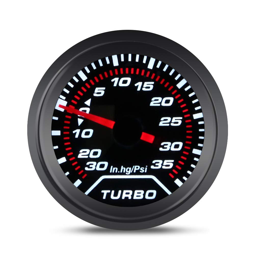 Waterwich 35 Psi Turbo Boost/Vacuum Gauge Meter Kit Includes Mechanical Hose & T-Fitting - Black Dial - Clear Lens 2'' 52Mm 12V 