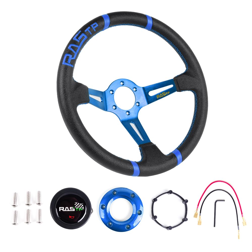 Rastp Universal Racing Steering Wheel,Deep Dish Steering Wheel Leather Embroidery 13.58”/345Mm 6 Bolts With Horn Button Include Cable, Wrench,Blue