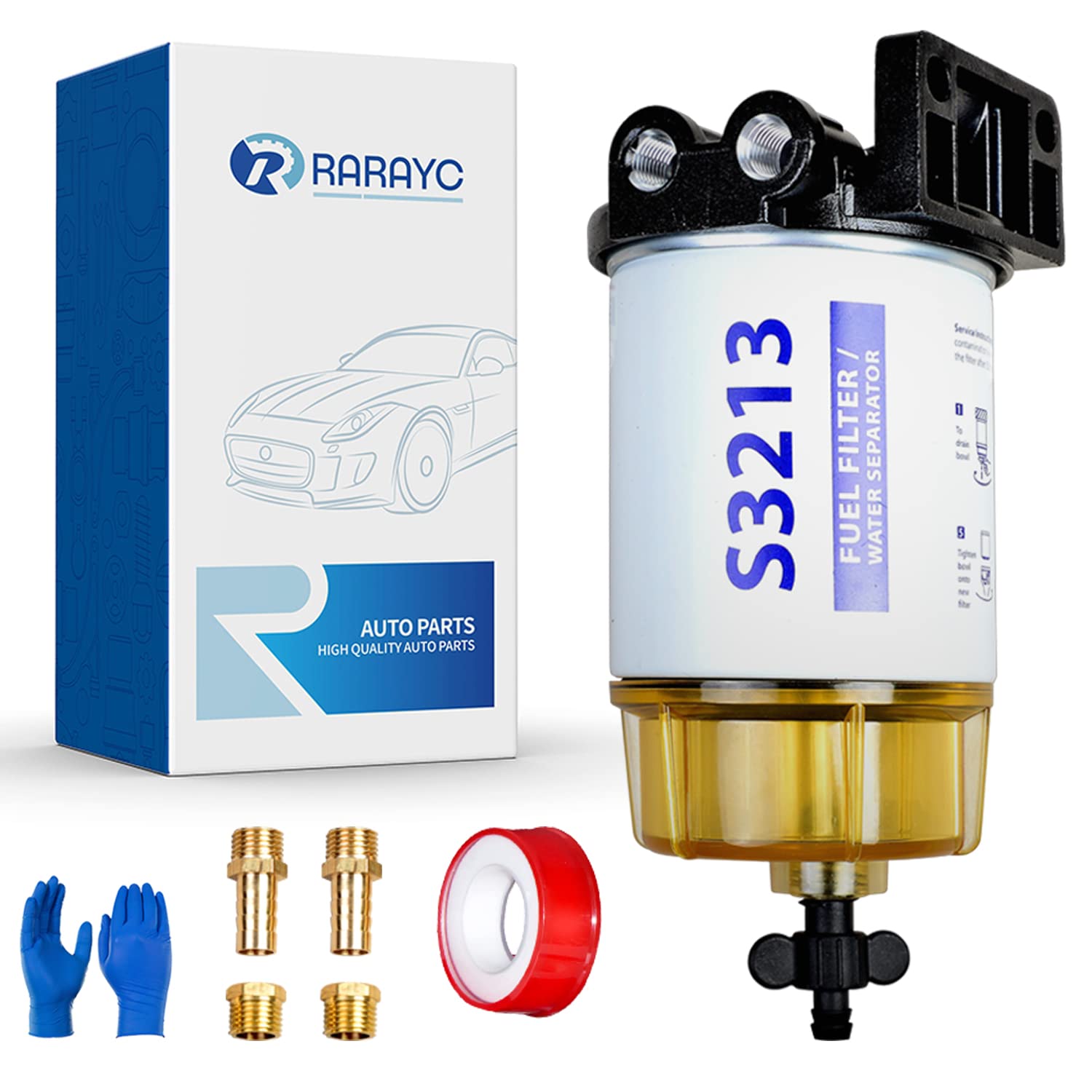 S3213 Fuel Filter Water Separator Replacement For Marine Outboard Motor Mercury With 3/8' Barb X 1/4' Npt Fittings Replaces# 35-60494-1, 18-7932 -1, 18-17928, 35-809097