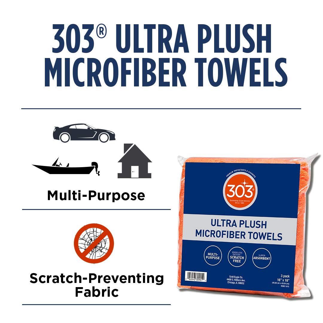 303 Products Premium Microfiber Towels - Automotive Detailing - Ultra Plush - Super Absorbent - Edgeless Design - Scratch Free -