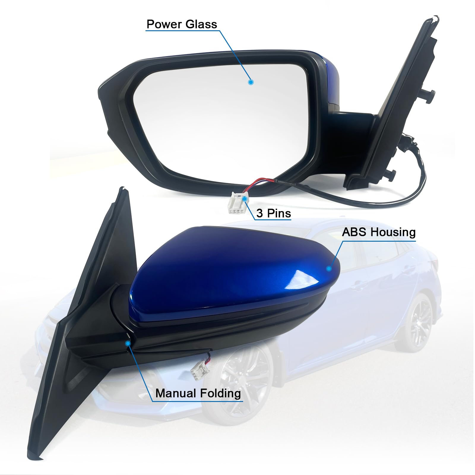 Lqito Left Driver Side Door Mirror For 2016-2021 HONDA CIVIC LX SE Sport with Power Mirror Ajust Manual Fold Non-Heated Match to