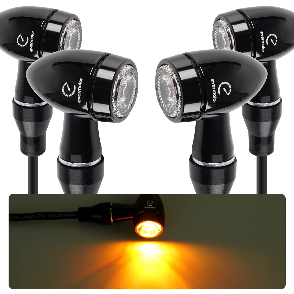 Evermotor Mini Bullet Motorcycle Turn Signals For Harley - Led Blinkers Amber Light, Cnc Machined, Aluminium Alloy - 12V Front R
