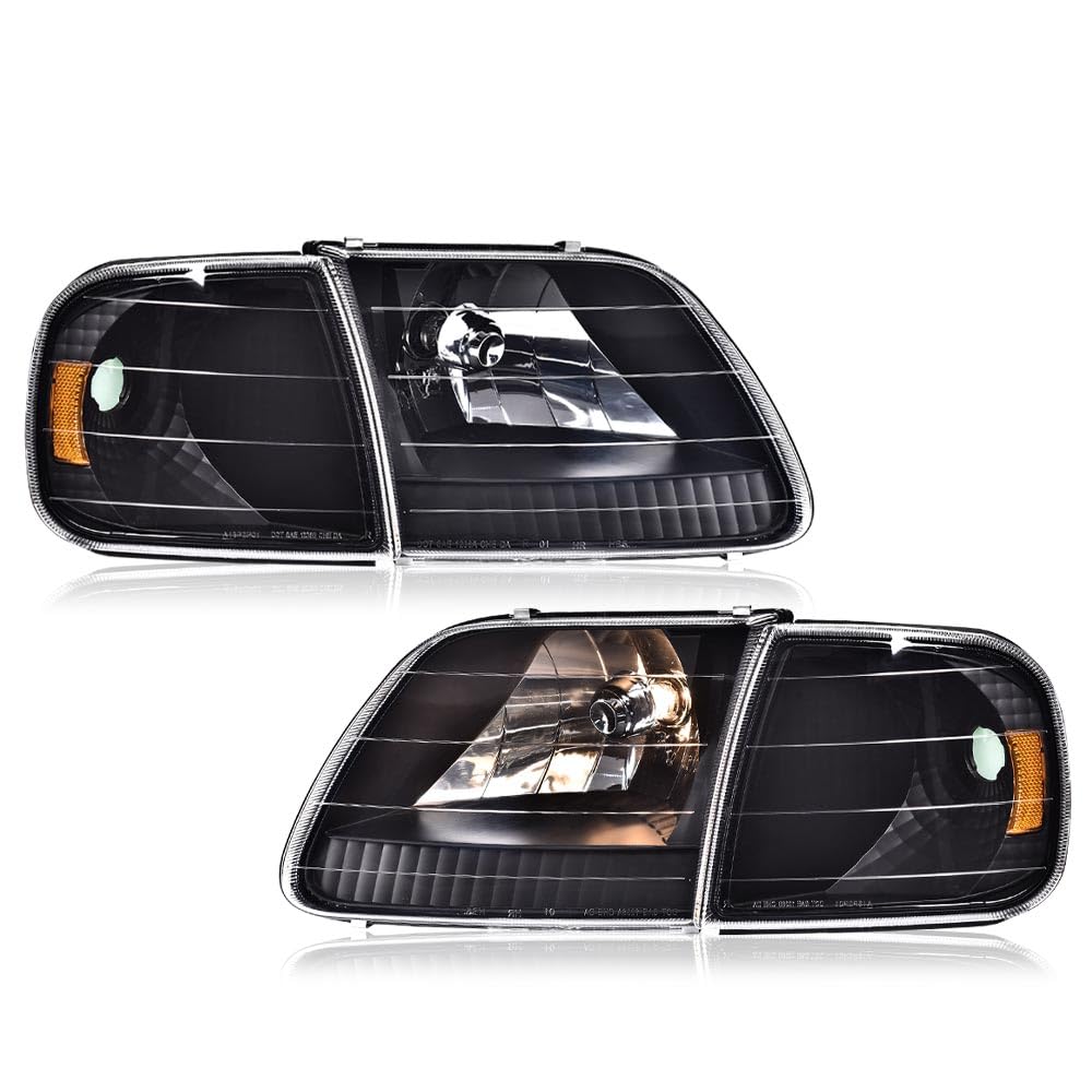 Cheda Headlights Assembly Headlamp Compatible With 1997-2003 Ford F150 / 1997-2002 Ford Expedition Chrome Housing W/Clear Corner