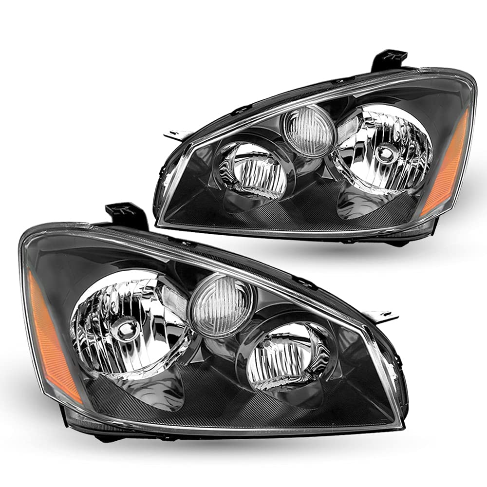 Tusdar Headlight Assembly Set For 2005/2006 Nissan Altima 4-Door Sedan Halogen Headlamp Driver And Passenger Side (Black Housing With Amber Reflector)