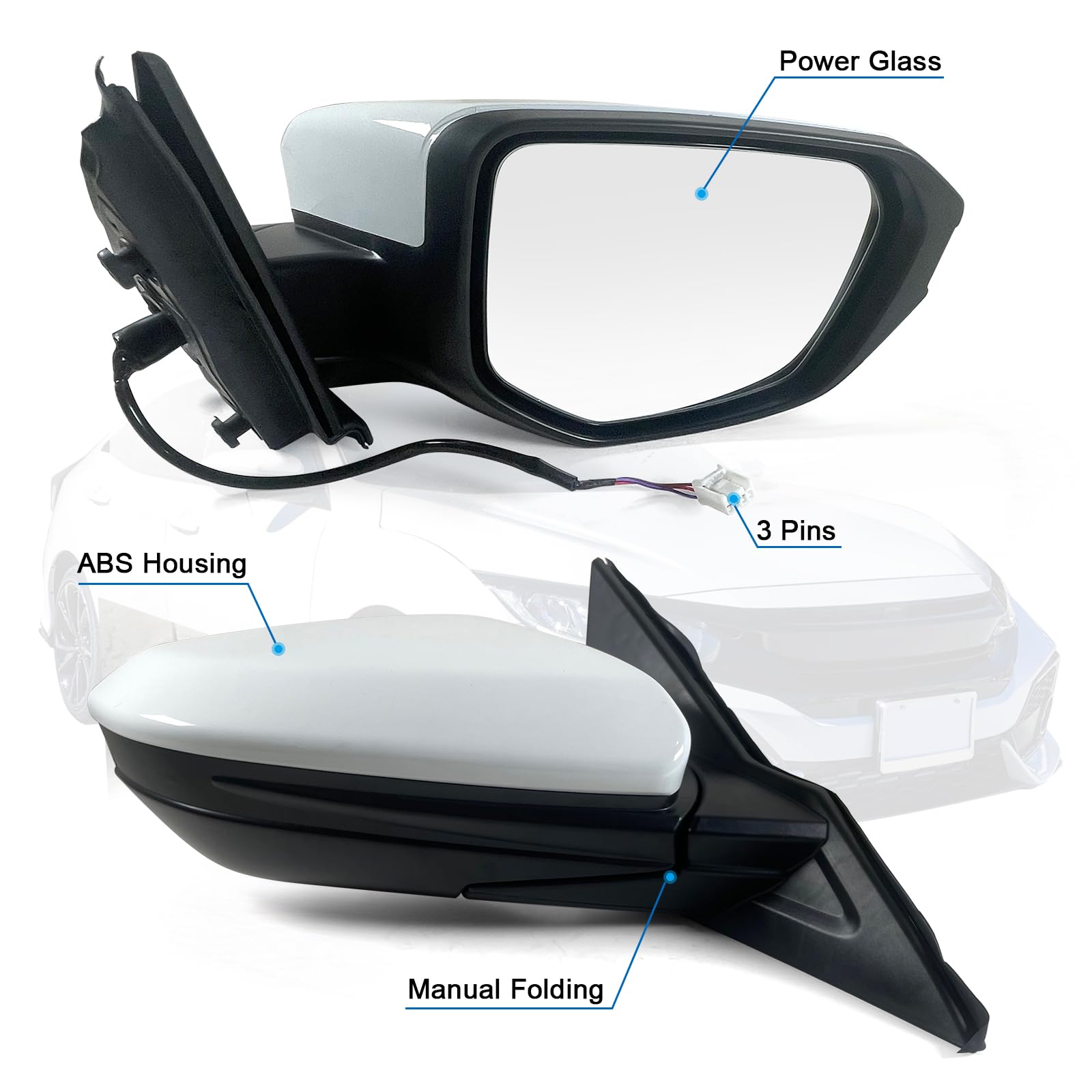 Lqito Right Passenger Side Door Mirror For 2016-2021 HONDA CIVIC LX SE Sport with Power Mirror Ajust Manual Fold Non-Heated Matc