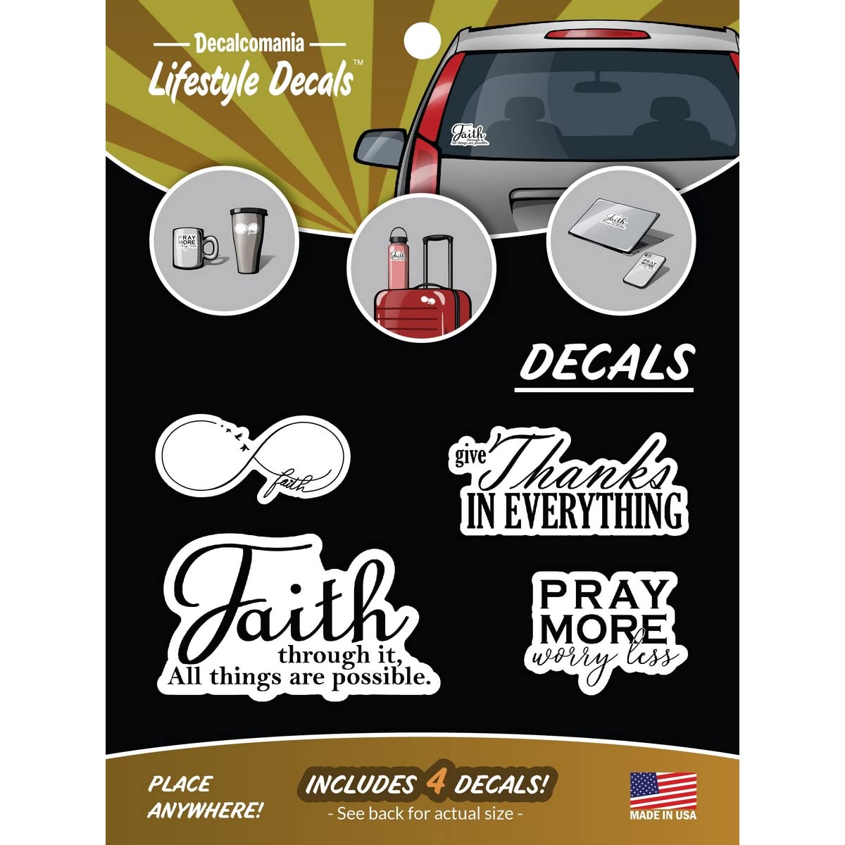 Religious Faith Vinyl Stickers - 4 Piece Decals Car Window Decals - Vinyl Car Sign Sticker - All Weather Proof - Pray More - Fai