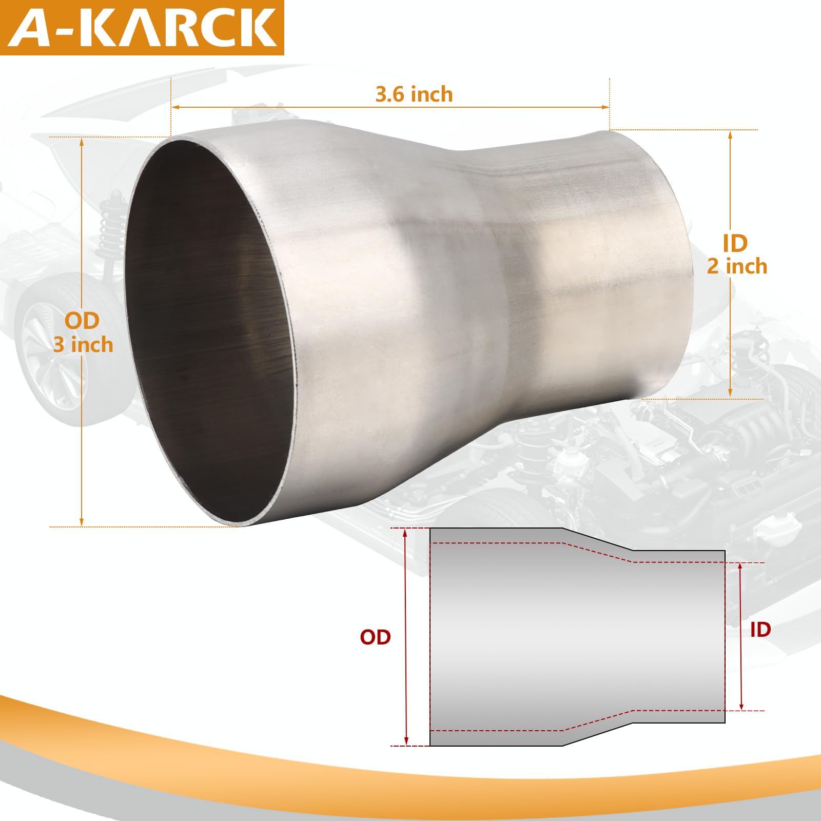 A-KARCK Stainless Steel Exhaust Adapter 2'' ID to 3'' OD, Exhaust Pipe Reducer 3.6'' Overall Length