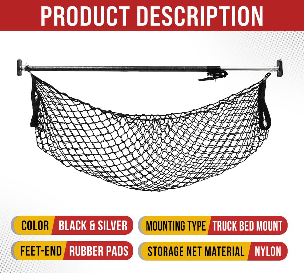 Mytee Products 4 Pack 40''-70'' Ratcheting Cargo Bar For Pickup Truck Bed With 60   X24    Storage Net - Adjustable Load Lock Ba