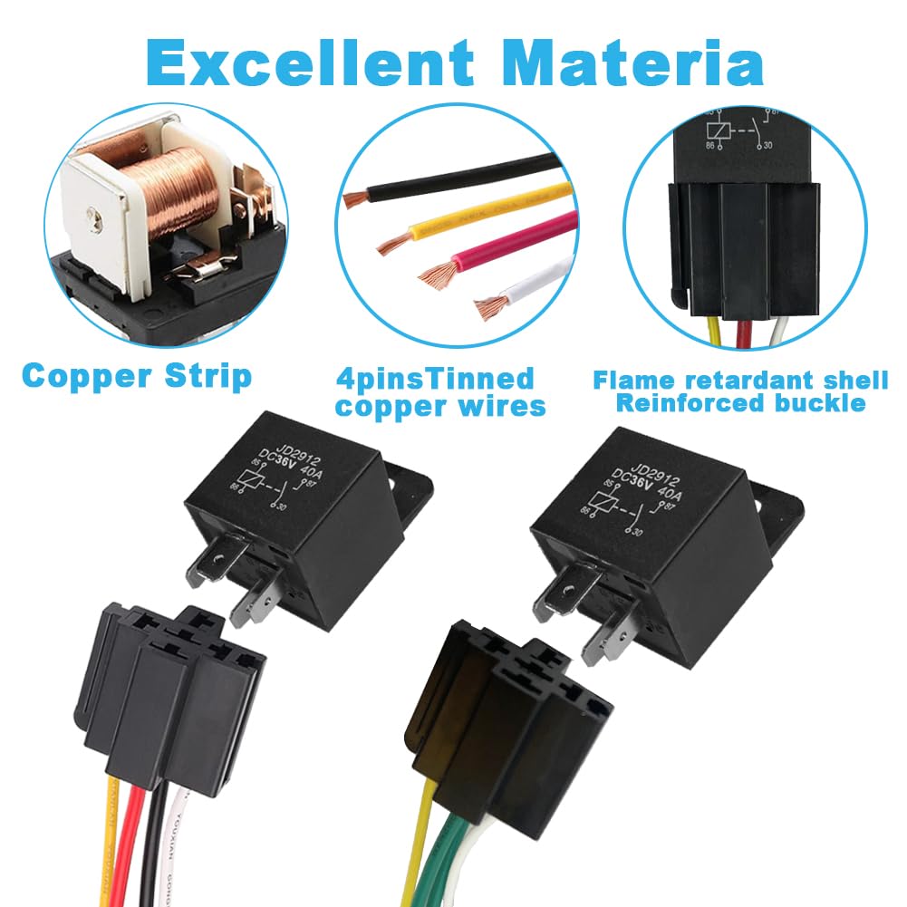 Cotonlake 36V 4Pin 40A Universal Car Vehicle Motor Fuse Relay Switch Power with Harness, Normally Open & Closed Relay JD-2912