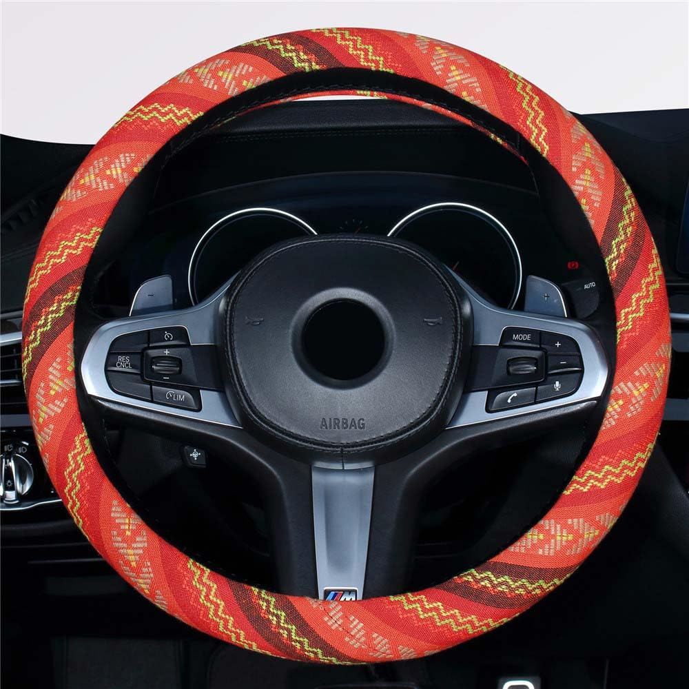 Istn Ethnic Style Coarse Flax Cloth Automotive Steering Wheel Cover Anti Slip And Sweat Absorption Auto Car Wrap Cover (J, 14.5'