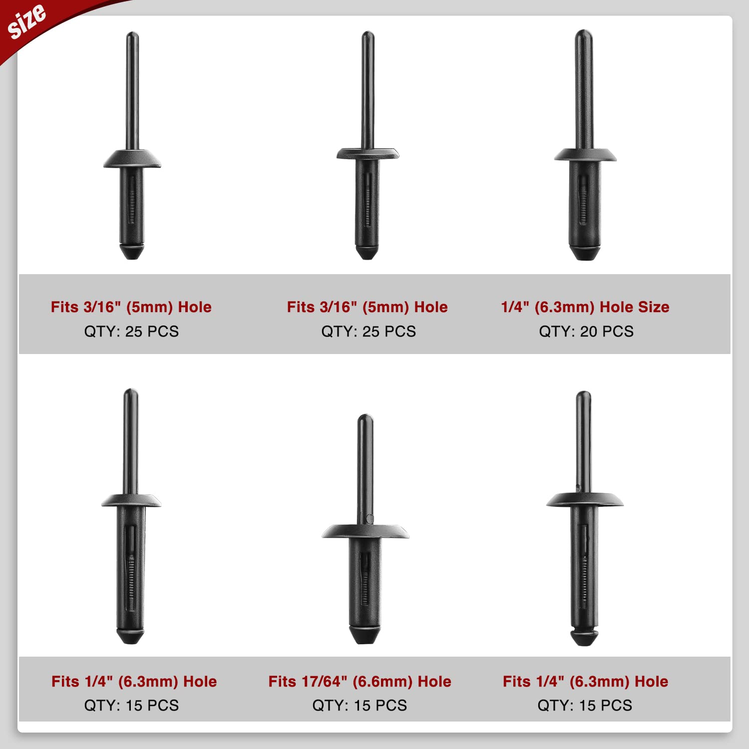 Nilight 115Pcs 6 Sizes Universal Pop Rivet Assortment Rivet Clip Black Nylon Blind Rivets Compatible With Gm Ford Chrysler Vw 2